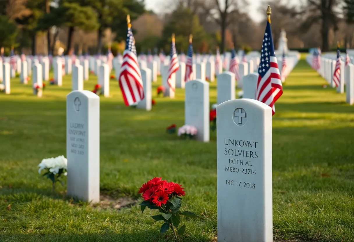 Cedar Grove Cemetery memorial service with flags and flowers