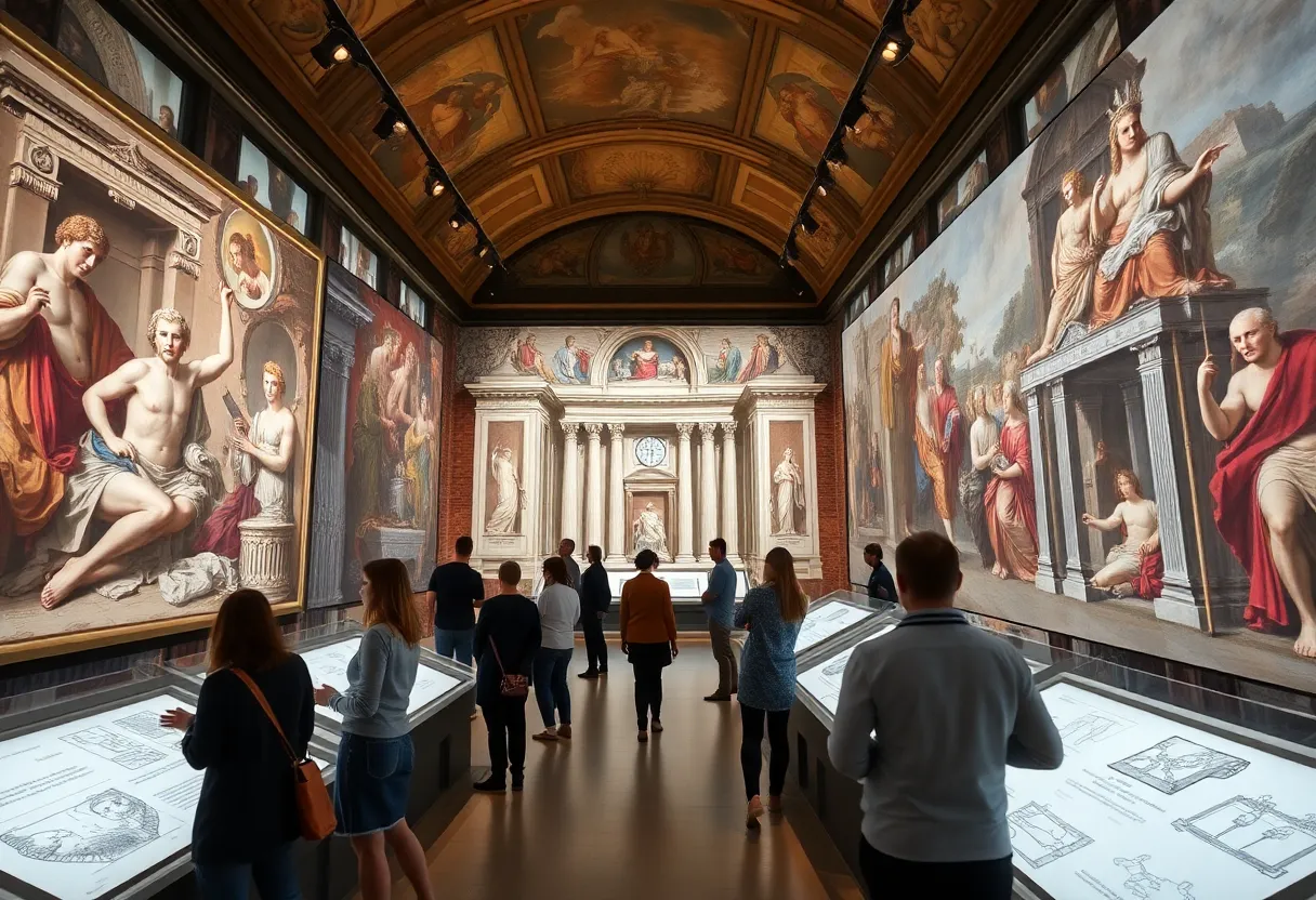 Visitors observing drawings and sketches at the Michelangelo exhibition.