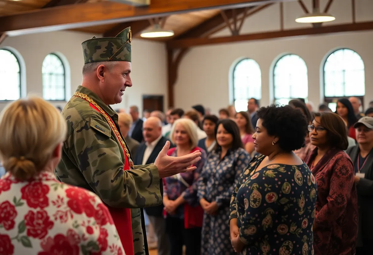 Military chaplain leading a worship service with attendees.