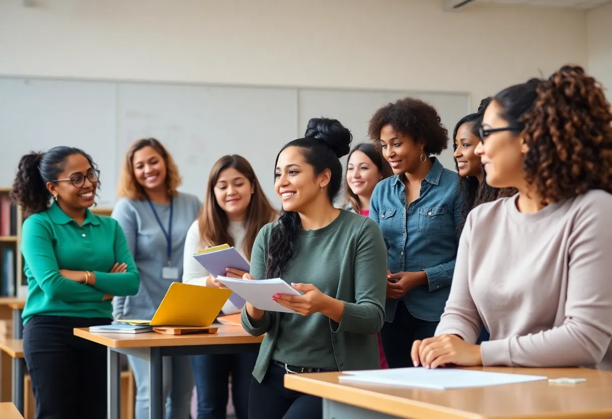 Group of new teachers at WJCC Schools interacting with students