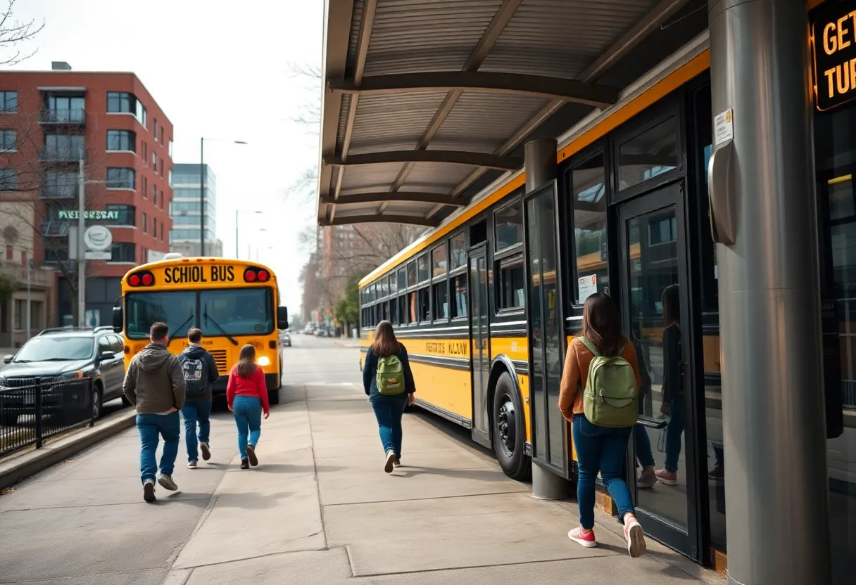 Students walking to a bus stop in Newport News
