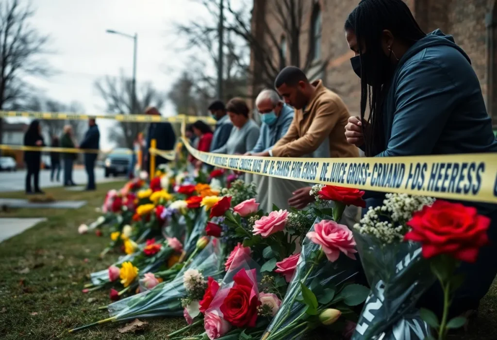 Community memorial for Keir Johnson and her daughter Chloe with flowers and police tape