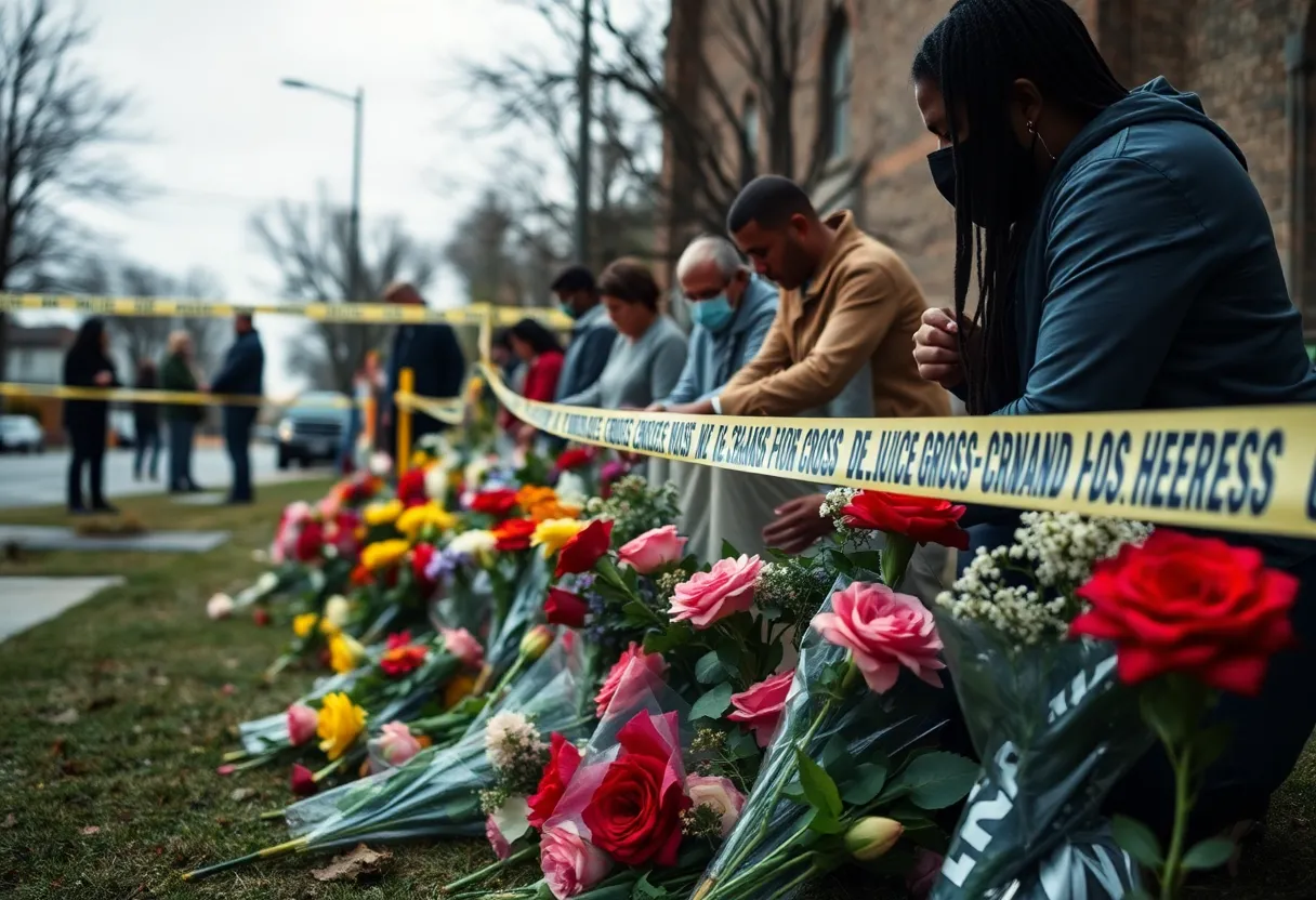 Community memorial for Keir Johnson and her daughter Chloe with flowers and police tape