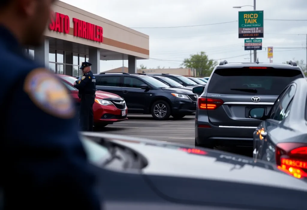 Car dealership with police presence during investigation