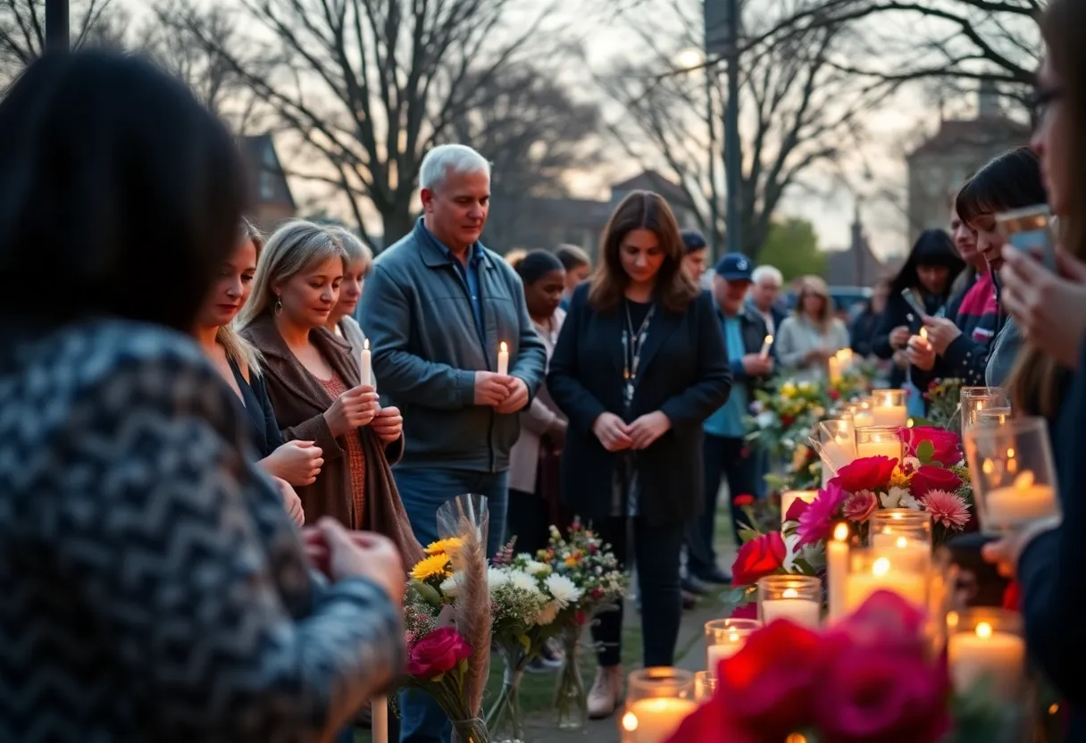 A vigil in memory of a homicide victim, with candles and flowers
