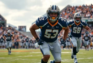Linebacker from Old Dominion University tackling an opponent during a game