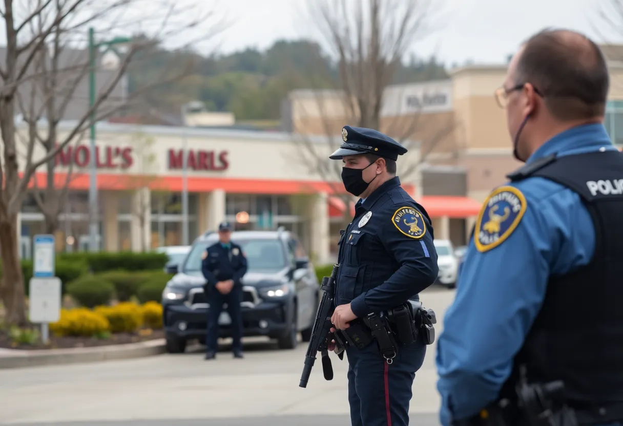 Community vigilance and law enforcement presence near a mall in Virginia.