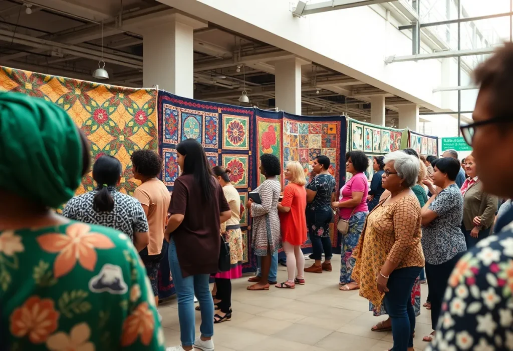 Participants at the Journey to Racial Healing Ceremony in Williamsburg gather around an art exhibit.
