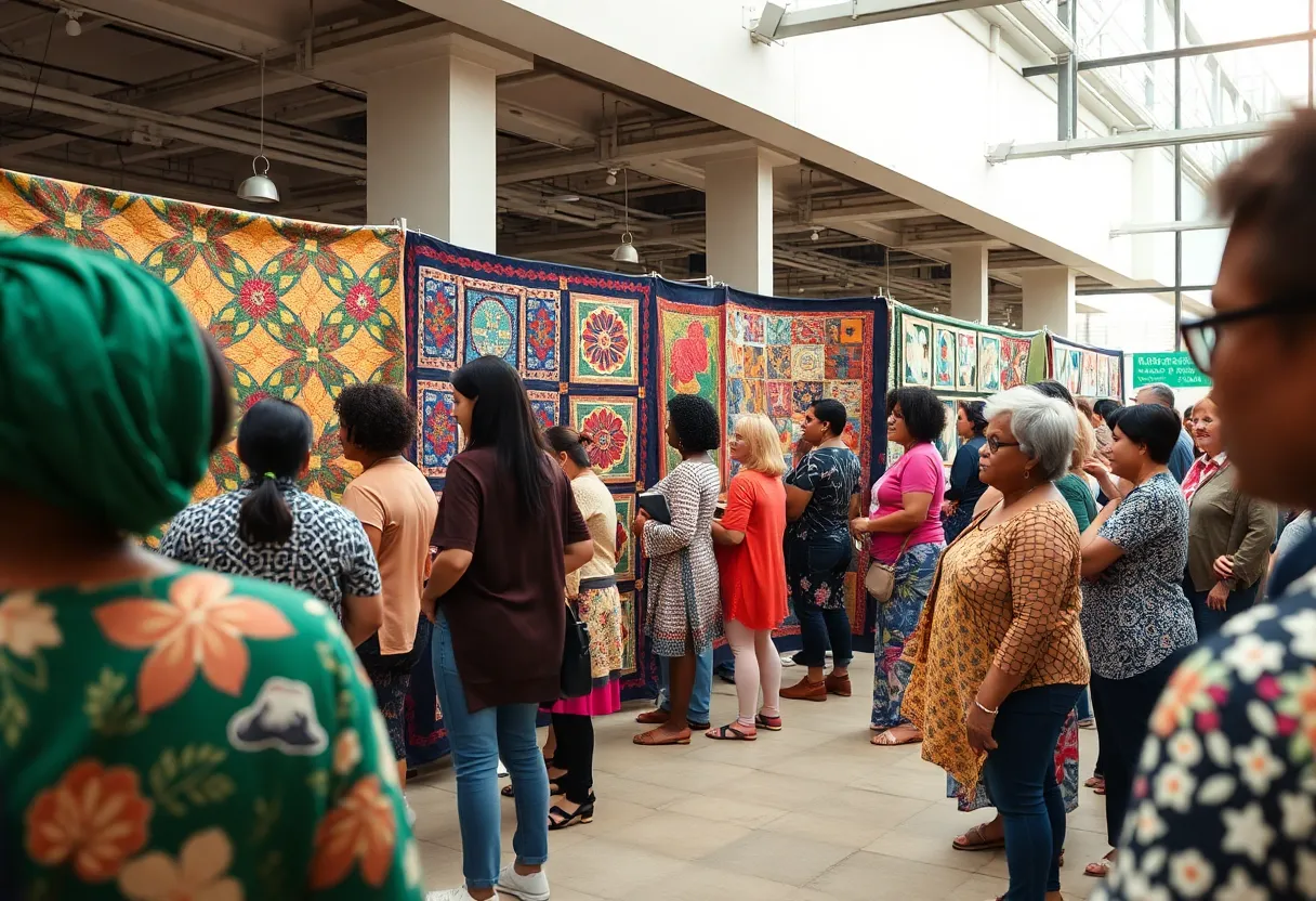 Participants at the Journey to Racial Healing Ceremony in Williamsburg gather around an art exhibit.