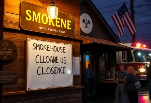 Closed sign at Rocco's Smokehouse Grill with fire truck in background