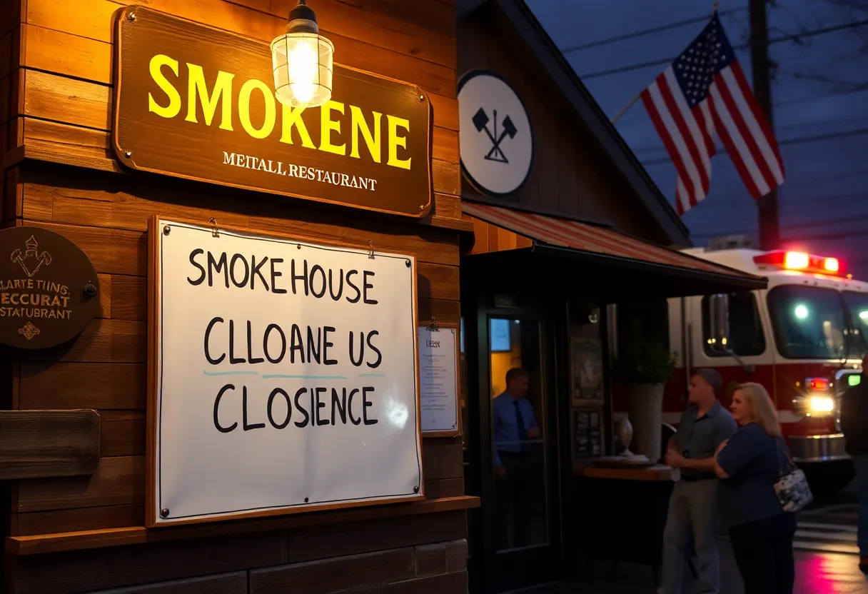 Closed sign at Rocco's Smokehouse Grill with fire truck in background