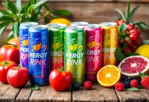 Running Lights Energy Drinks on a rustic wooden table with fresh fruits
