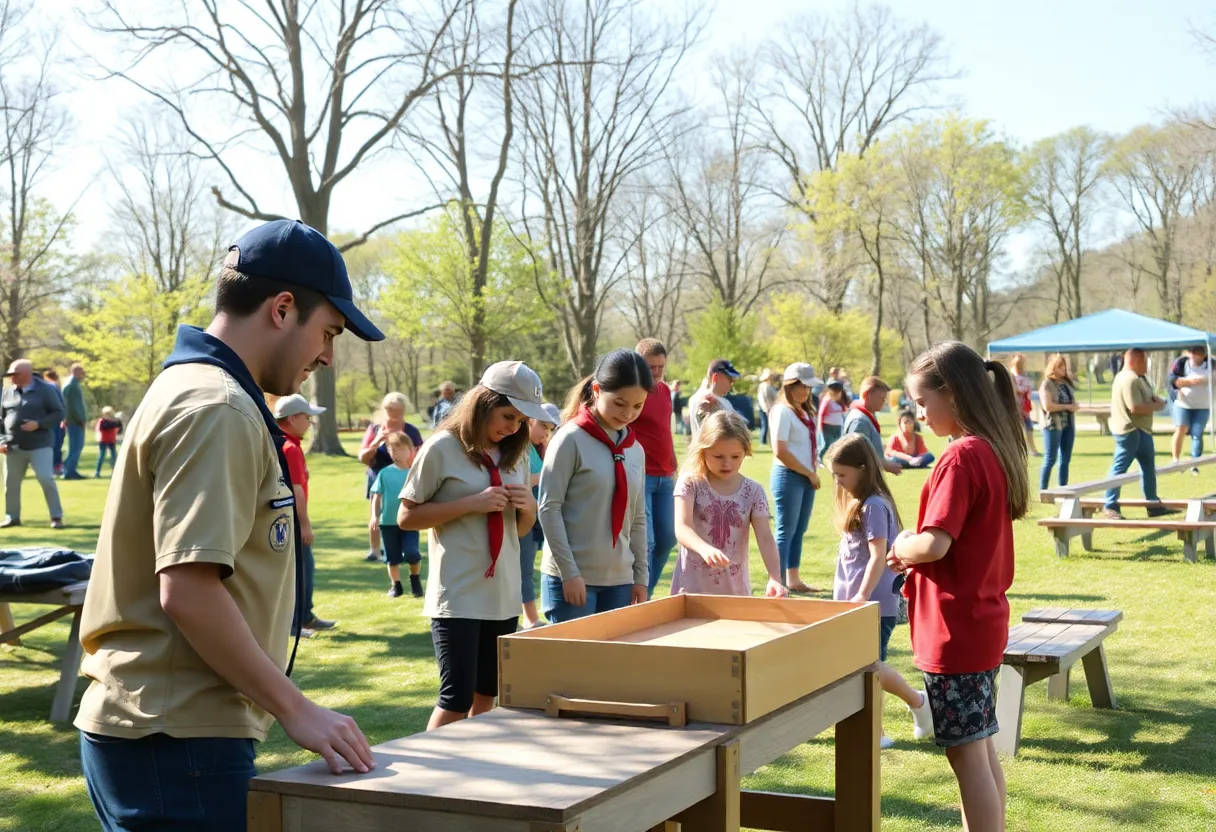 Families participating in activities at the Scout Expo