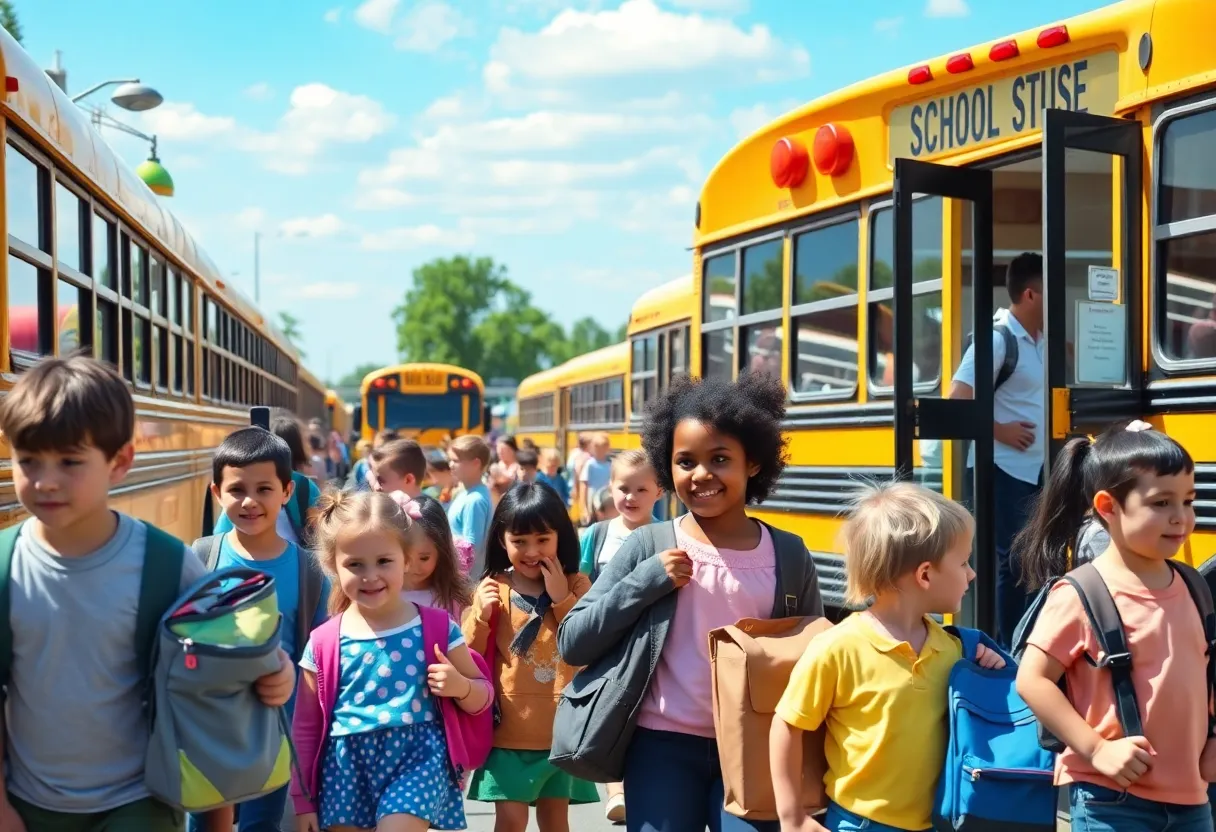 Students being welcomed at the entrance of Williamsburg Schools