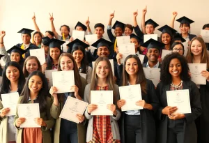 Students celebrating with diplomas and awards.