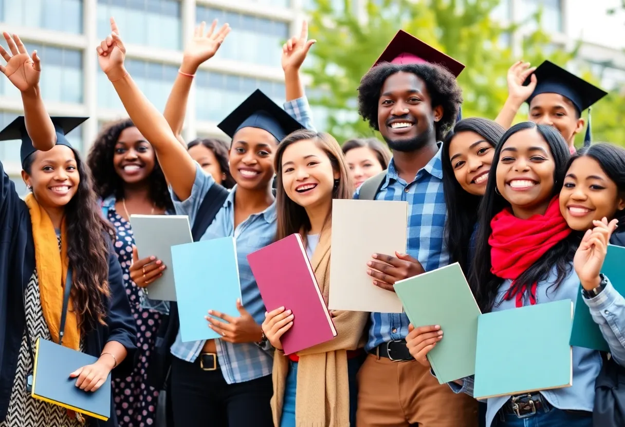 Diverse students celebrating their academic achievements outdoors