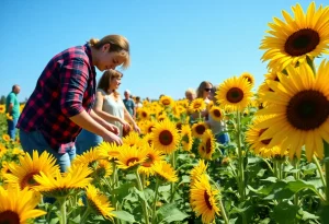 Community members picking sunflowers in a garden event