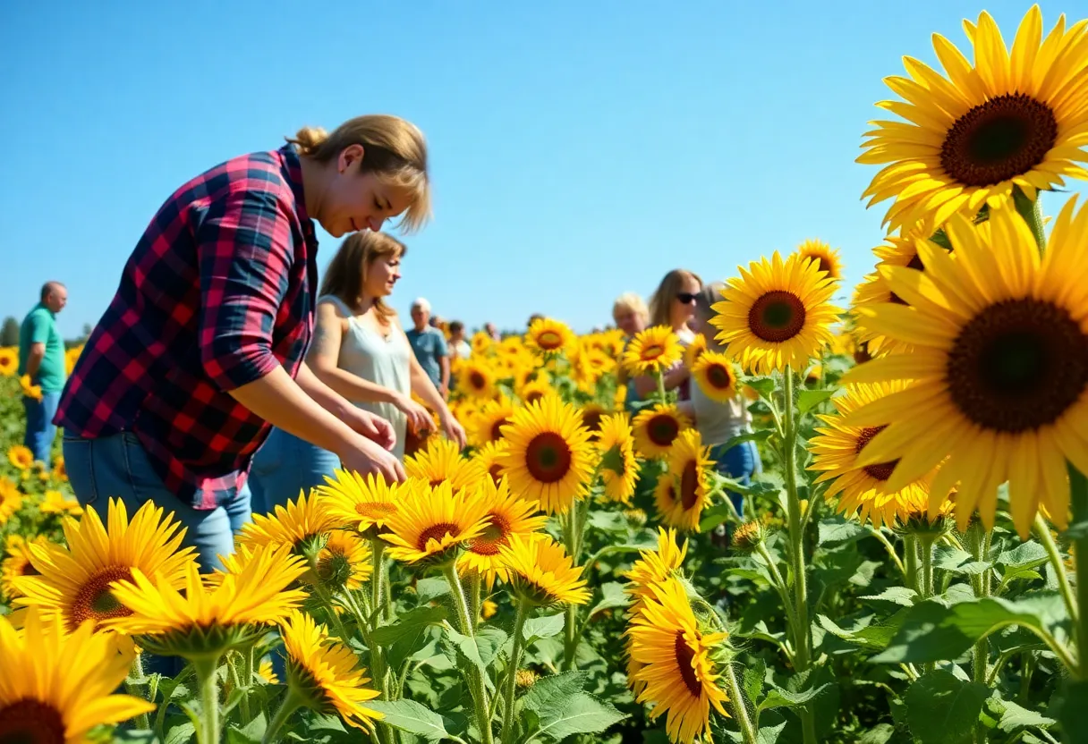 Community members picking sunflowers in a garden event