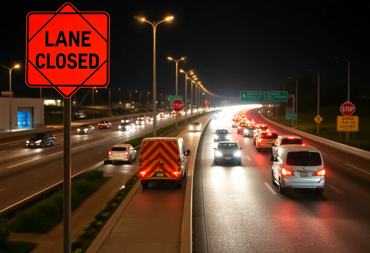 Construction and traffic on I-495 with lane closure signs