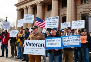 Diverse group of veterans advocating for their education benefits outside a courthouse.