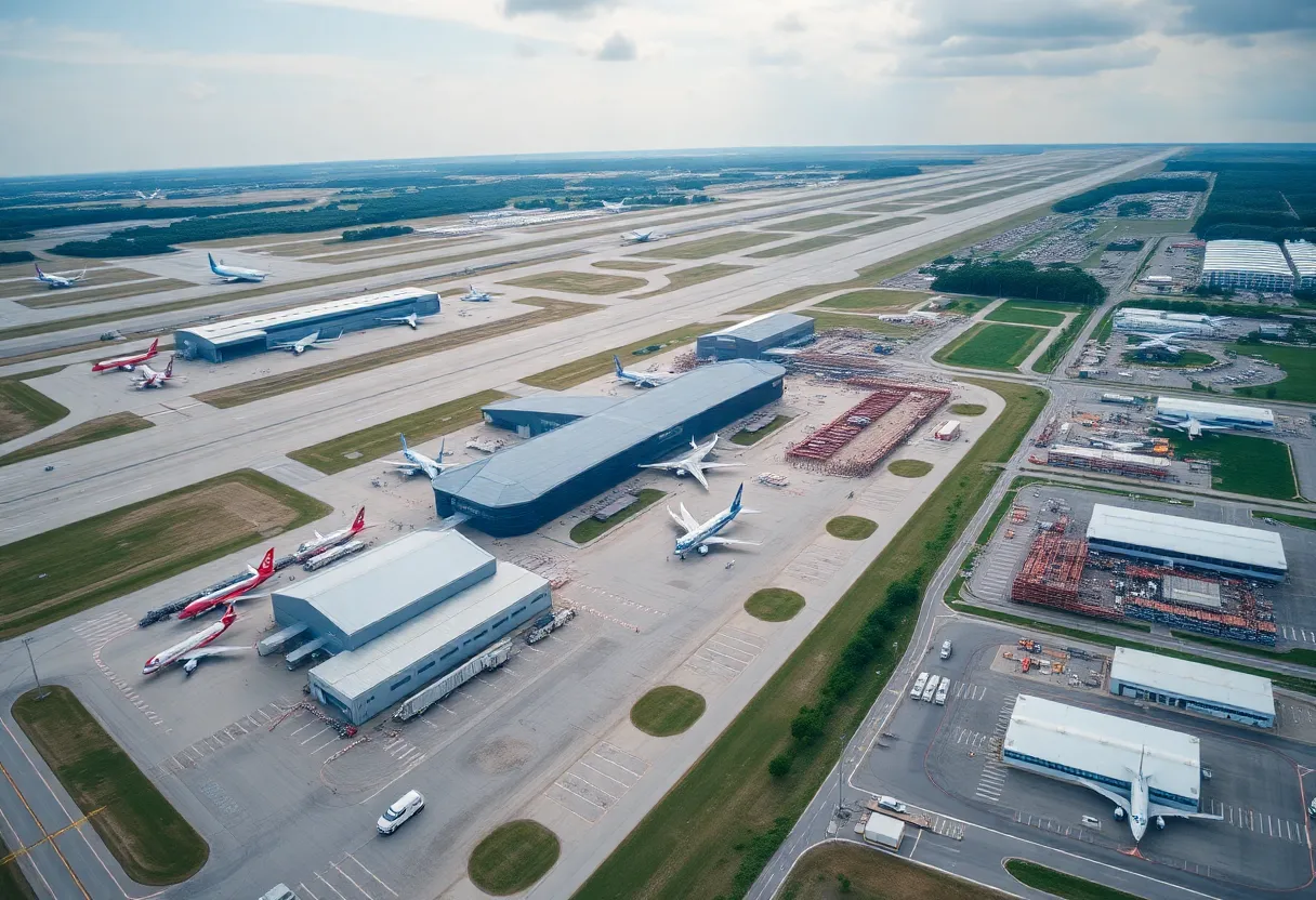 Aerial view of Virginia airport with construction and upgrades