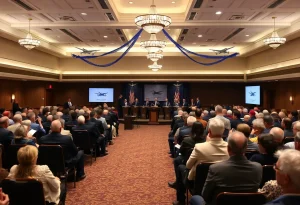 Induction ceremony for the Virginia Aviation Hall of Fame showcasing decorations and attendees.