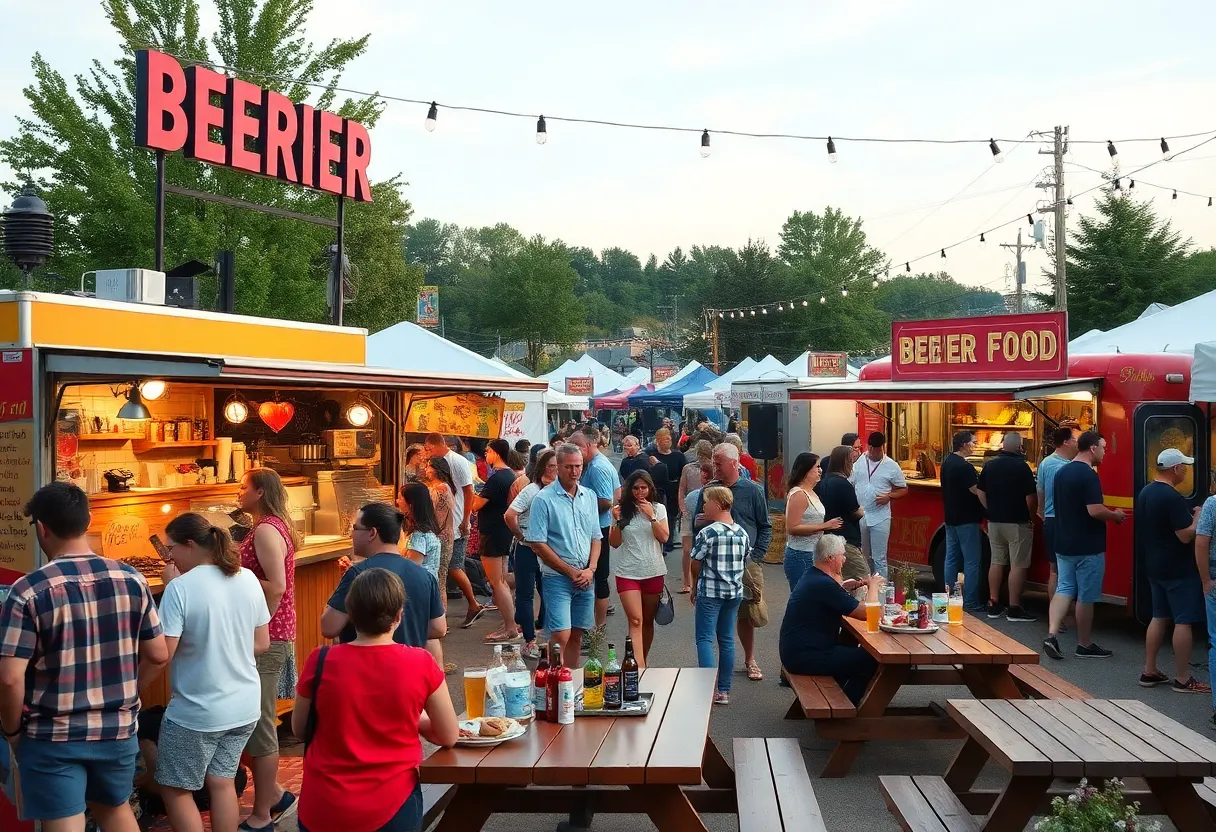 A vibrant food and beer festival in Virginia with diverse vendors and attendees enjoying the atmosphere.