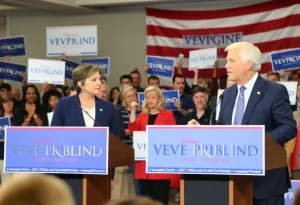 Virginia political campaign scene with candidates debating.