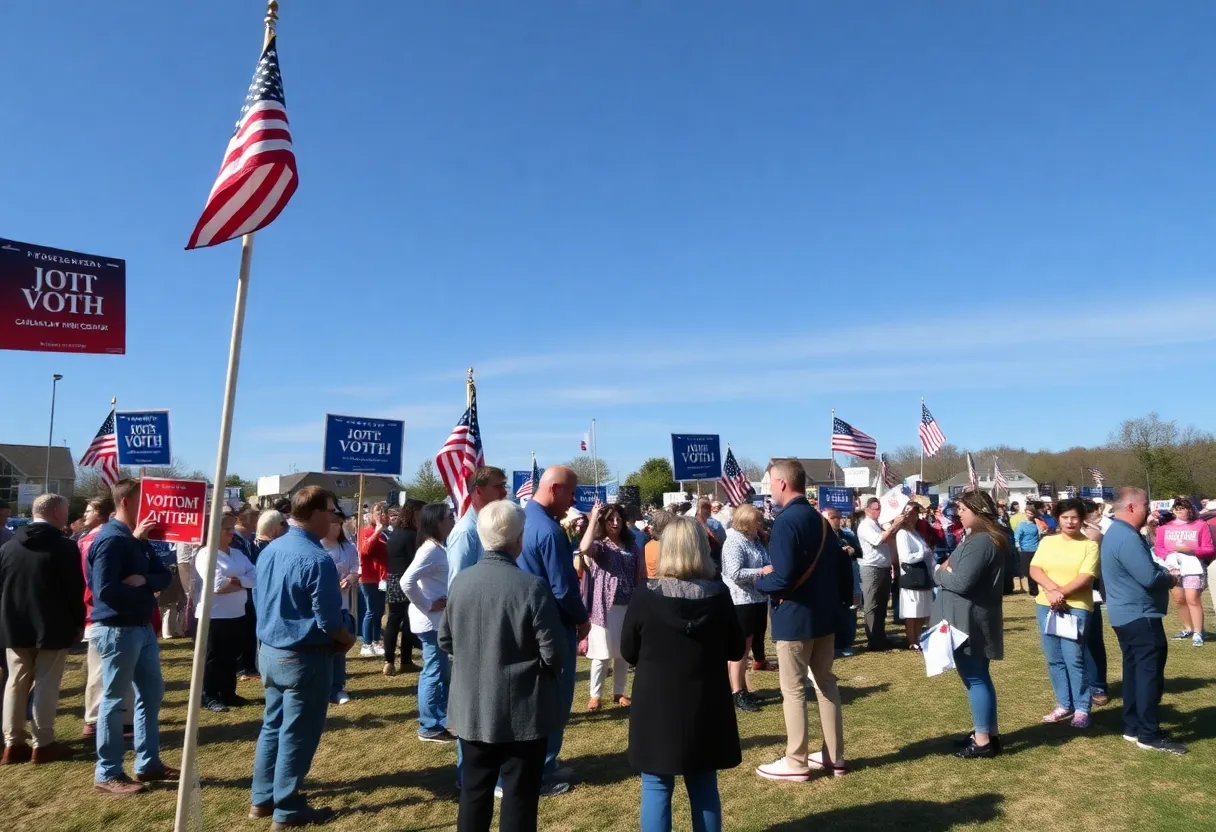 A vibrant scene capturing the energy of the Virginia gubernatorial campaign with various political signs and engaged voters.