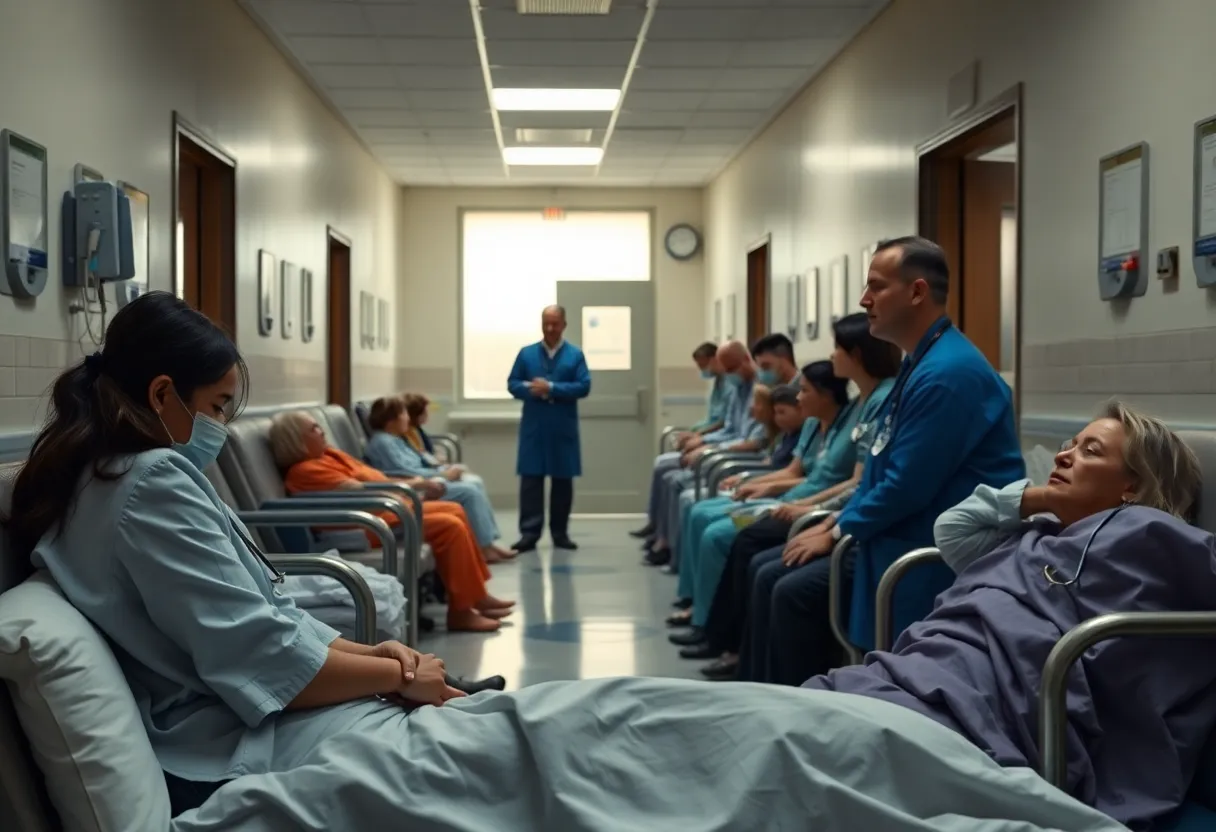Healthcare workers and patients in a Virginia hospital waiting room, reflecting concerns over Medicaid cuts.