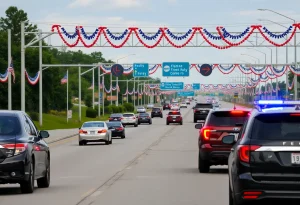 Traffic scene during Fourth of July highlighting safety measures