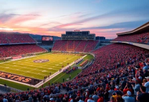 Football stadium filled with fans during a college game night.