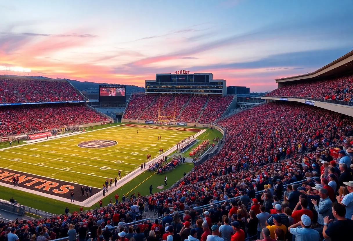 Football stadium filled with fans during a college game night.