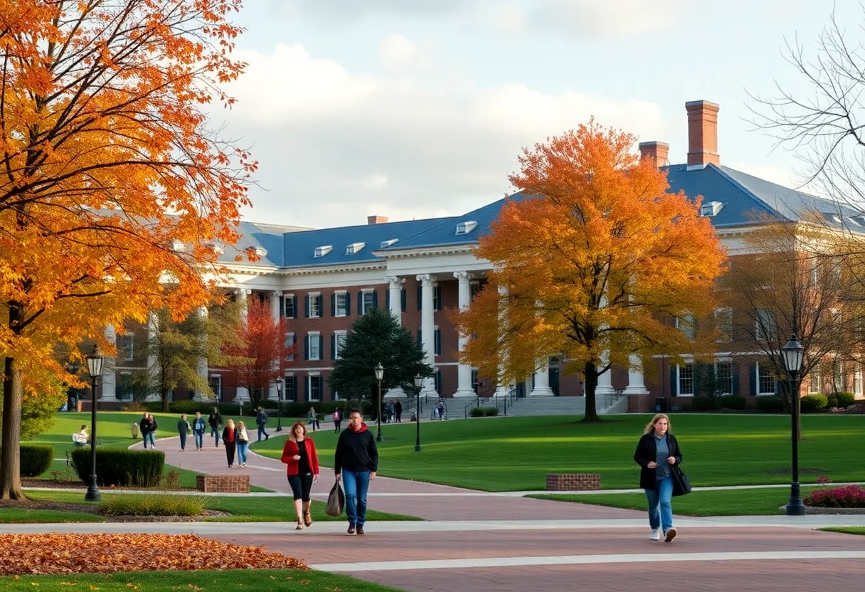A scenic view of a university campus in Virginia during autumn.
