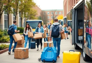 Students moving belongings at William & Mary University campus due to housing delays.