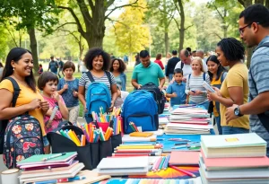 Families donating school supplies at a community event in Williamsburg