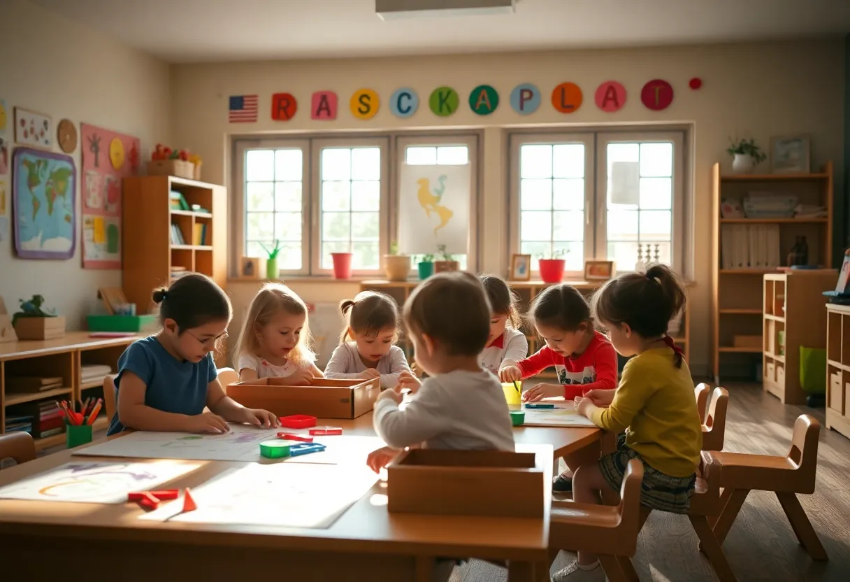 Children in a Montessori classroom engaging in art activities