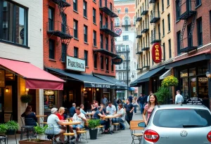 Street view of newly opened restaurants and shops in Williamsburg.