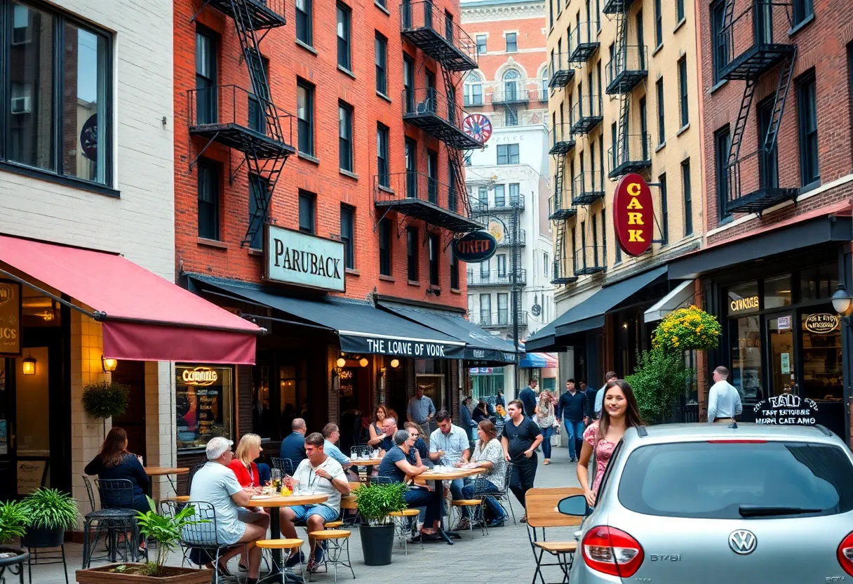Street view of newly opened restaurants and shops in Williamsburg.