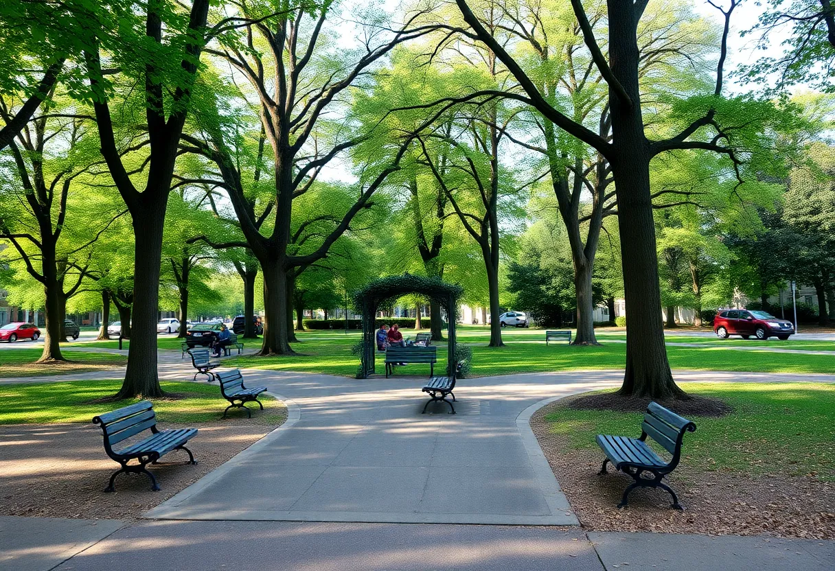 A peaceful park in Williamsburg representing community memory.