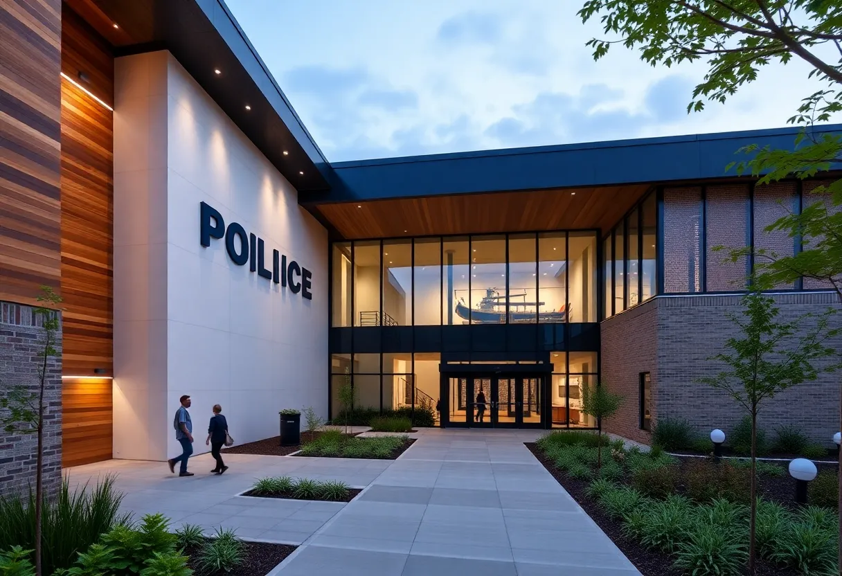 Rendering of the new Williamsburg police station, showing modern architecture and community spaces