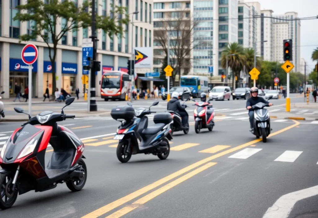 Urban intersection highlighting scooter lanes and safety signs