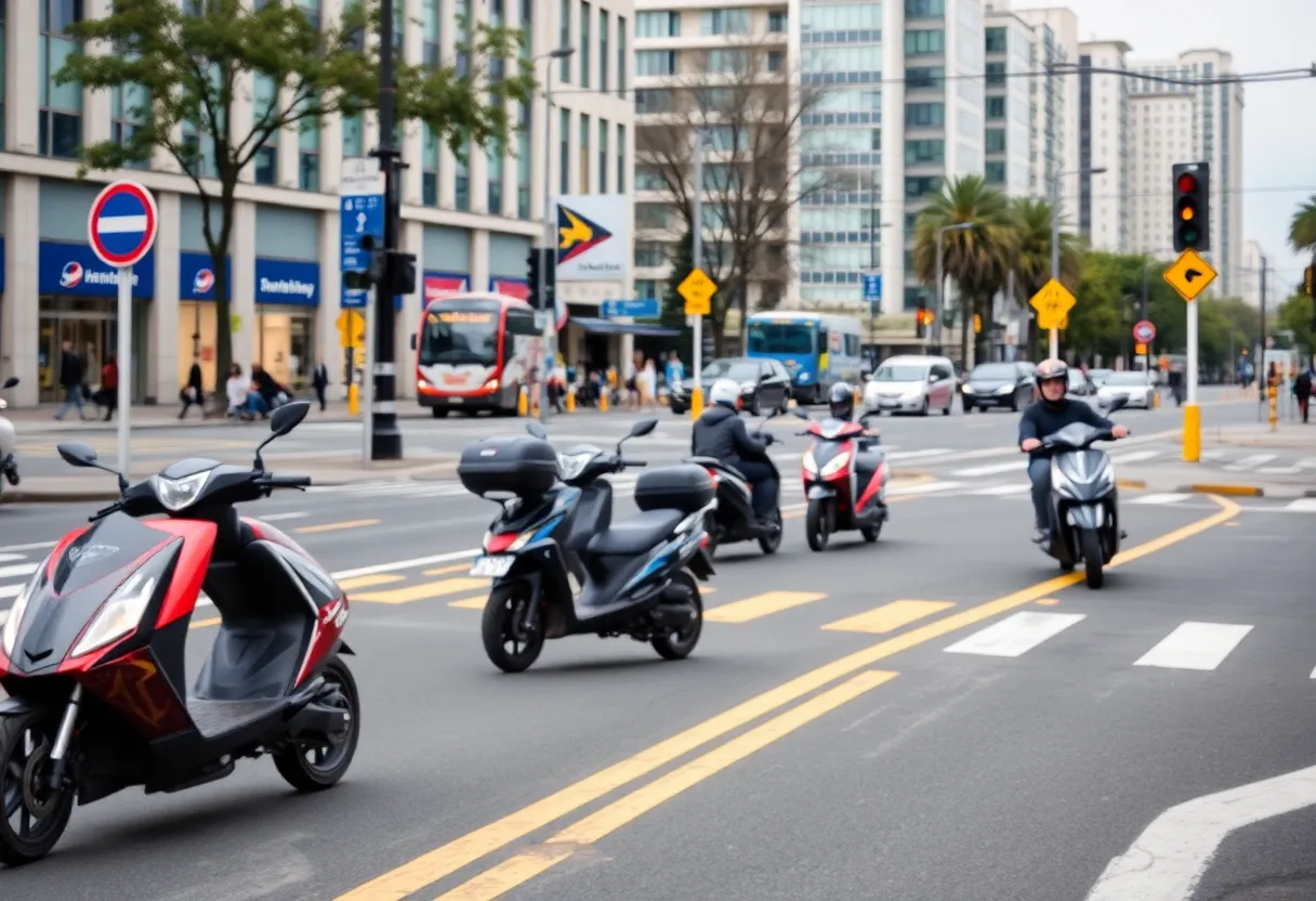 Urban intersection highlighting scooter lanes and safety signs