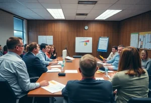 Representatives discussing educational planning in a meeting room.