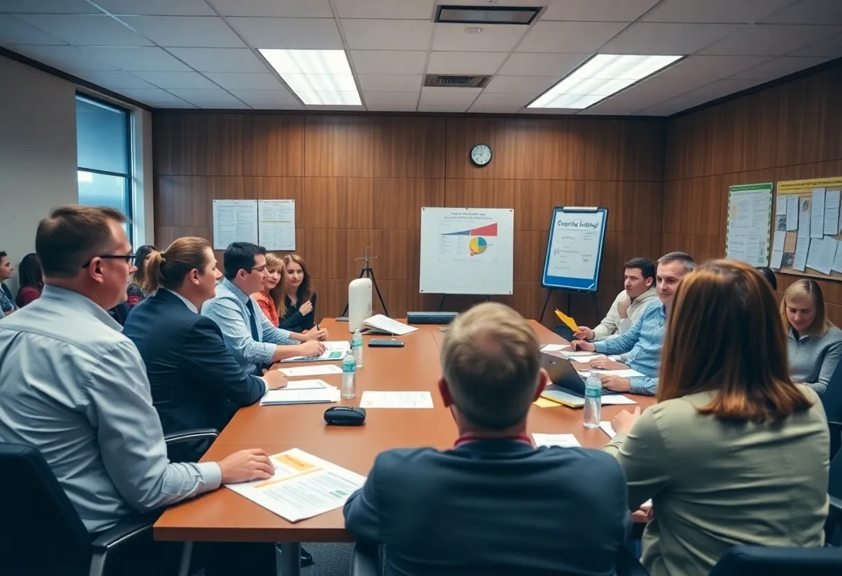 Representatives discussing educational planning in a meeting room.