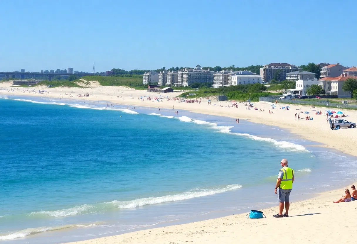 Scenic view of Yorktown Beach with beachgoers and clear water