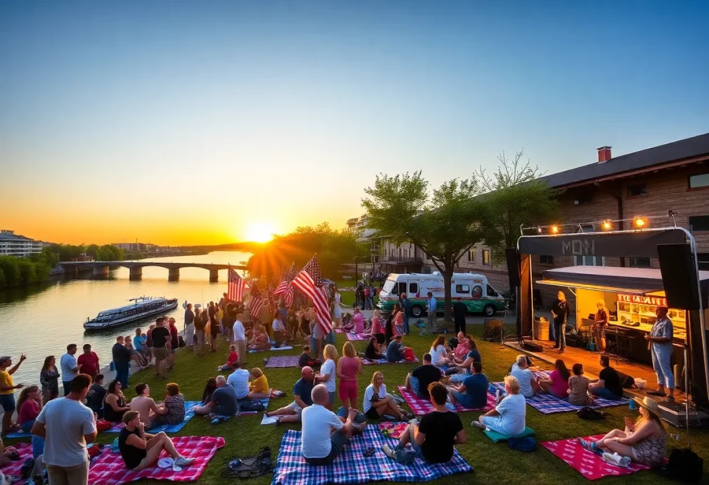 Outdoor concert at Yorktown's Riverwalk with audience and food trucks