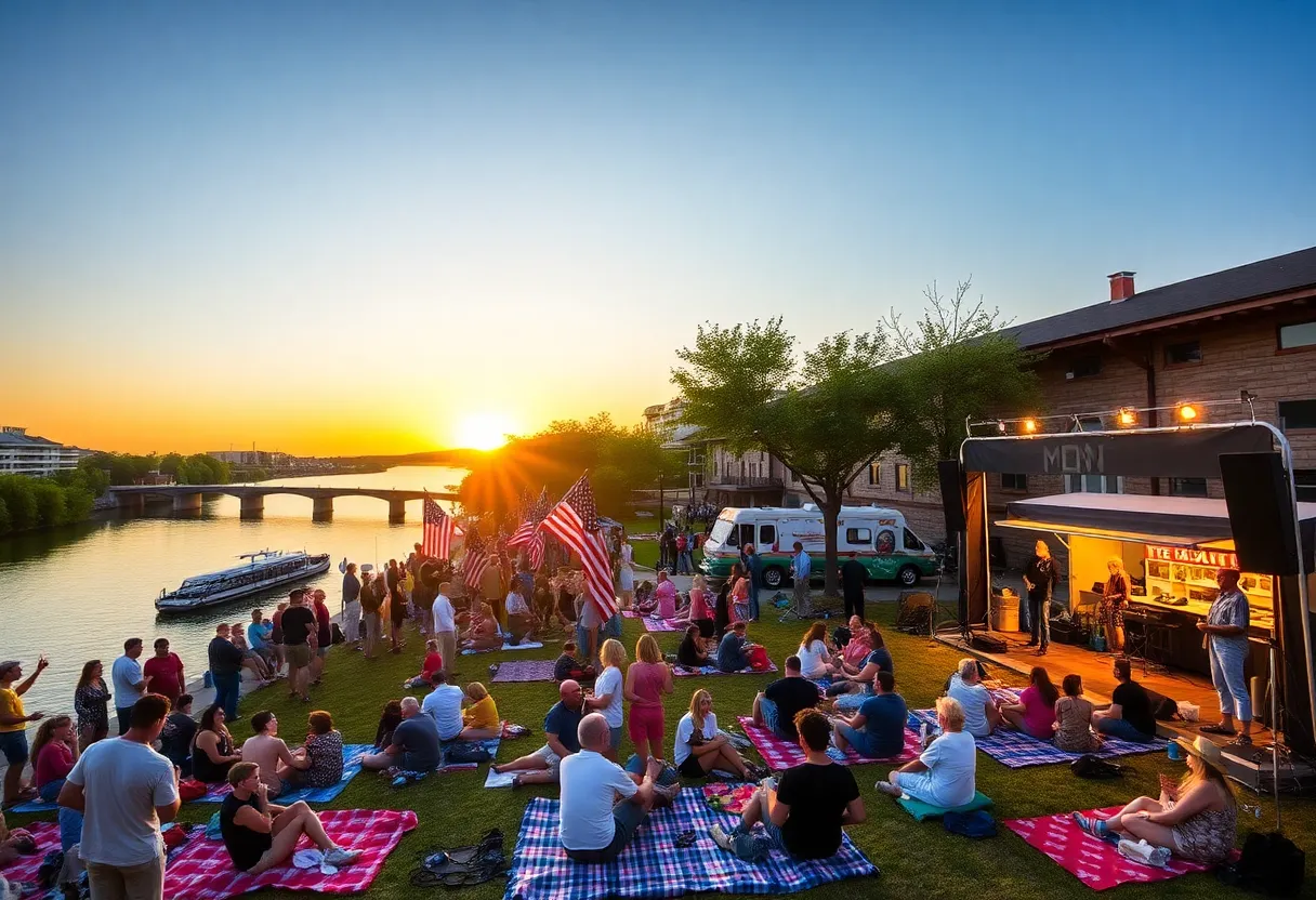 Outdoor concert at Yorktown's Riverwalk with audience and food trucks