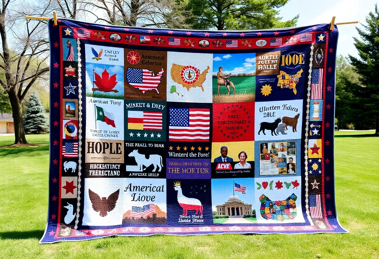Colorful quilt panels representing stories of American heritage