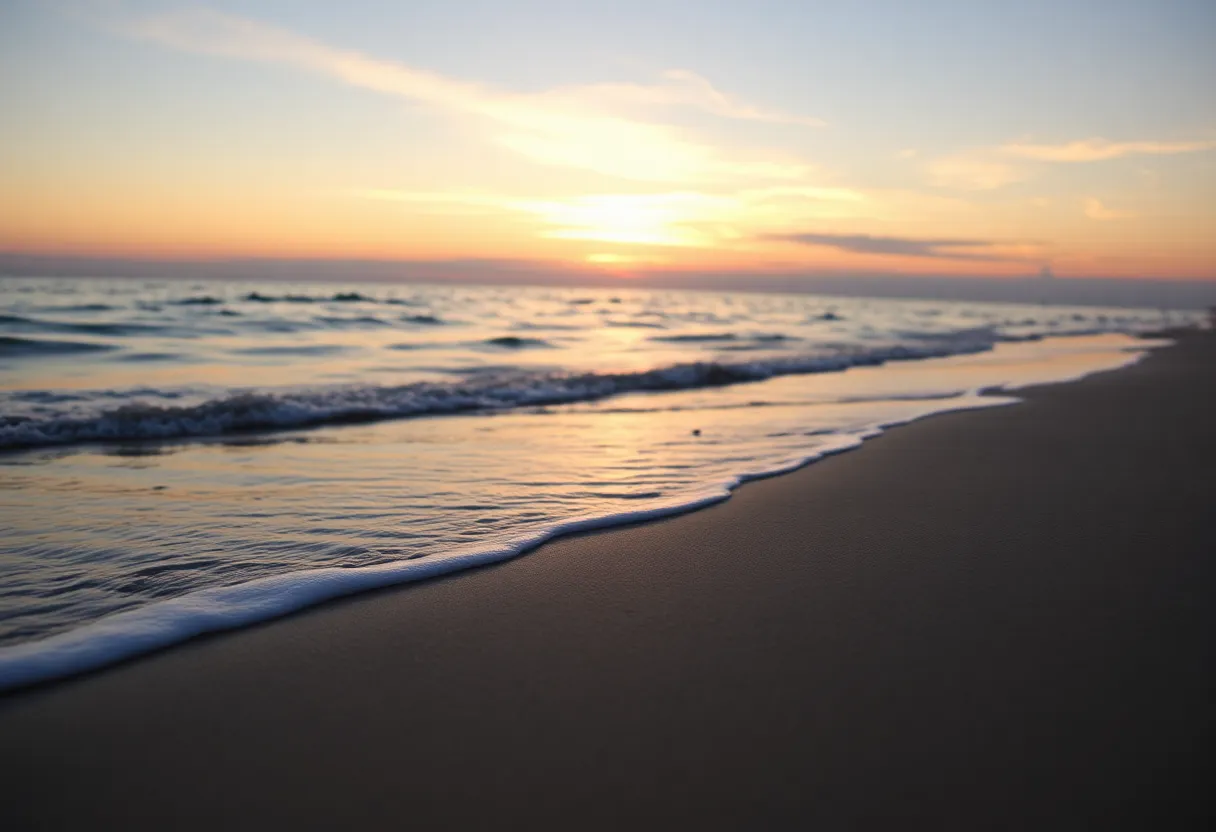 Serene beach scene at sunset representing peace and remembrance